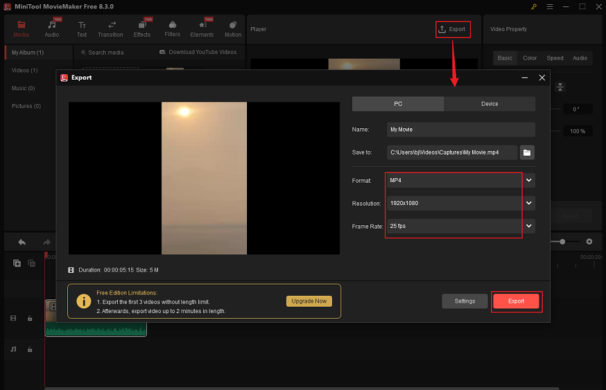 Access the Export window, configure the output parameters, and click the Export button in MiniTool MovieMaker to export the MPG video