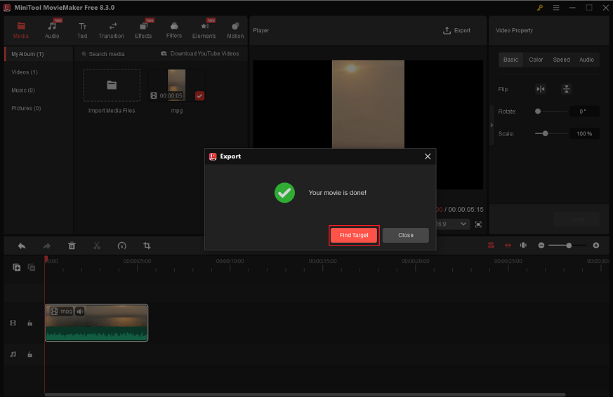 Click the Find Target button in MiniTool MovieMaker to locate the video