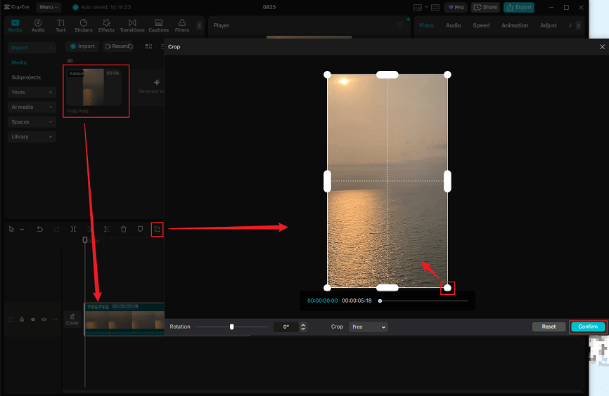 Drag one of the four directions of the video inwards to crop the MPG video in CapCut