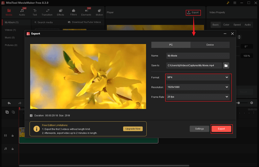 Open the Export window, choose the output parameters, and click the Export button in MiniTool MovieMaker to export the RMVB video