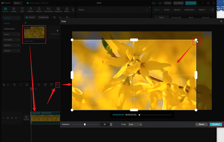 Drag any of the four edges of the video inward to crop the RMVB video in CapCut