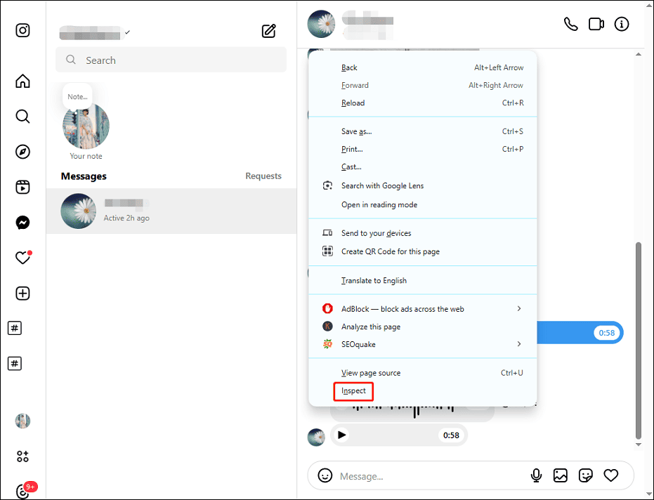 Choose Inspect to open Chrome Developer Tools