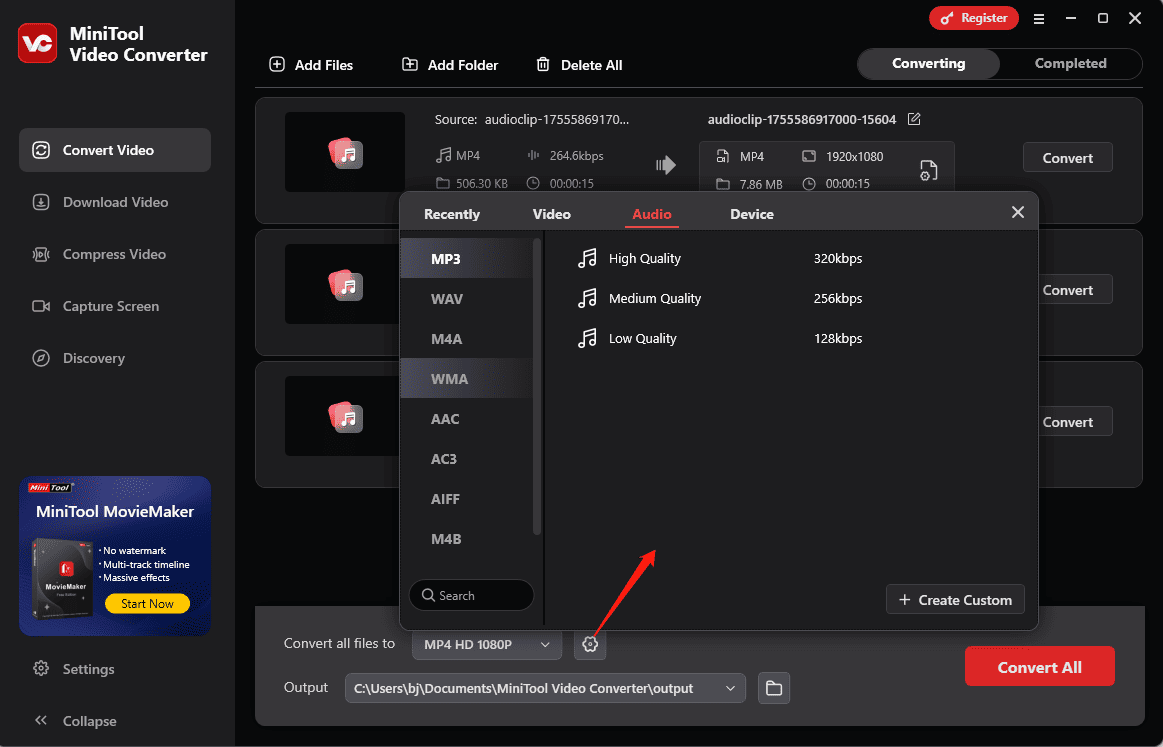 Choose an audio format in MiniTool Video Converter