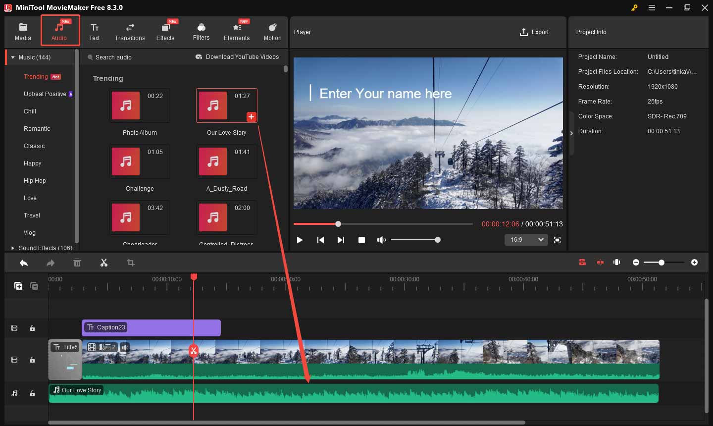 MiniTool MovieMakerで動画に音楽を追加する