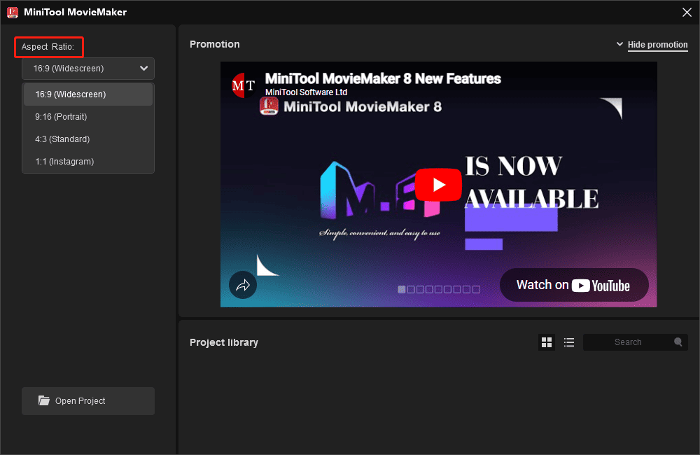 Set aspect ratio to 16:9 or 9:16 for the TikTok video in MiniTool MovieMaker