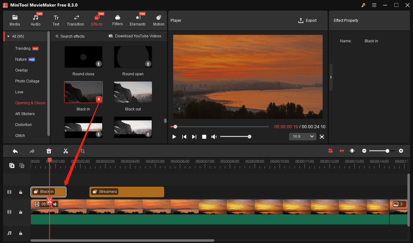 Apply an effect to the video in MiniTool MovieMaker