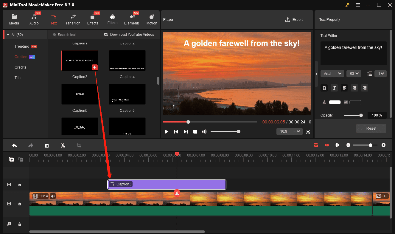 Add captions to the video in MiniTool MovieMaker