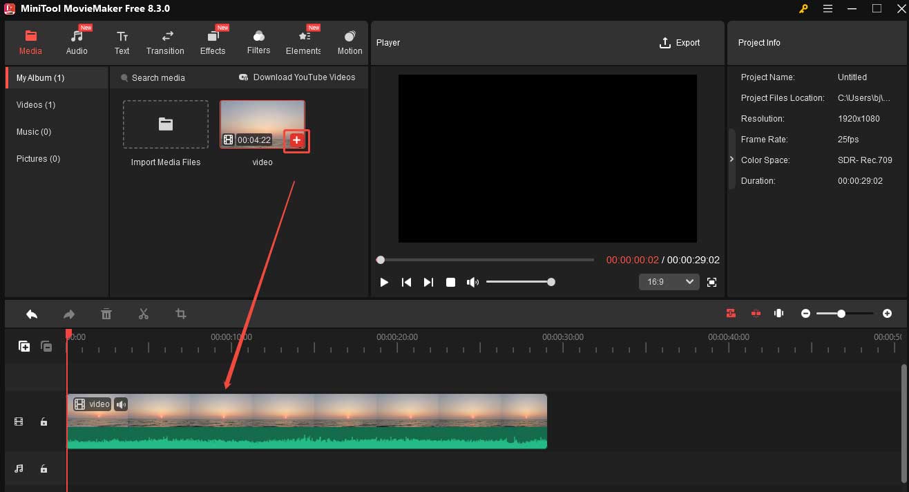 Click the + icon in MiniTool MovieMaker to add the video to the timeline