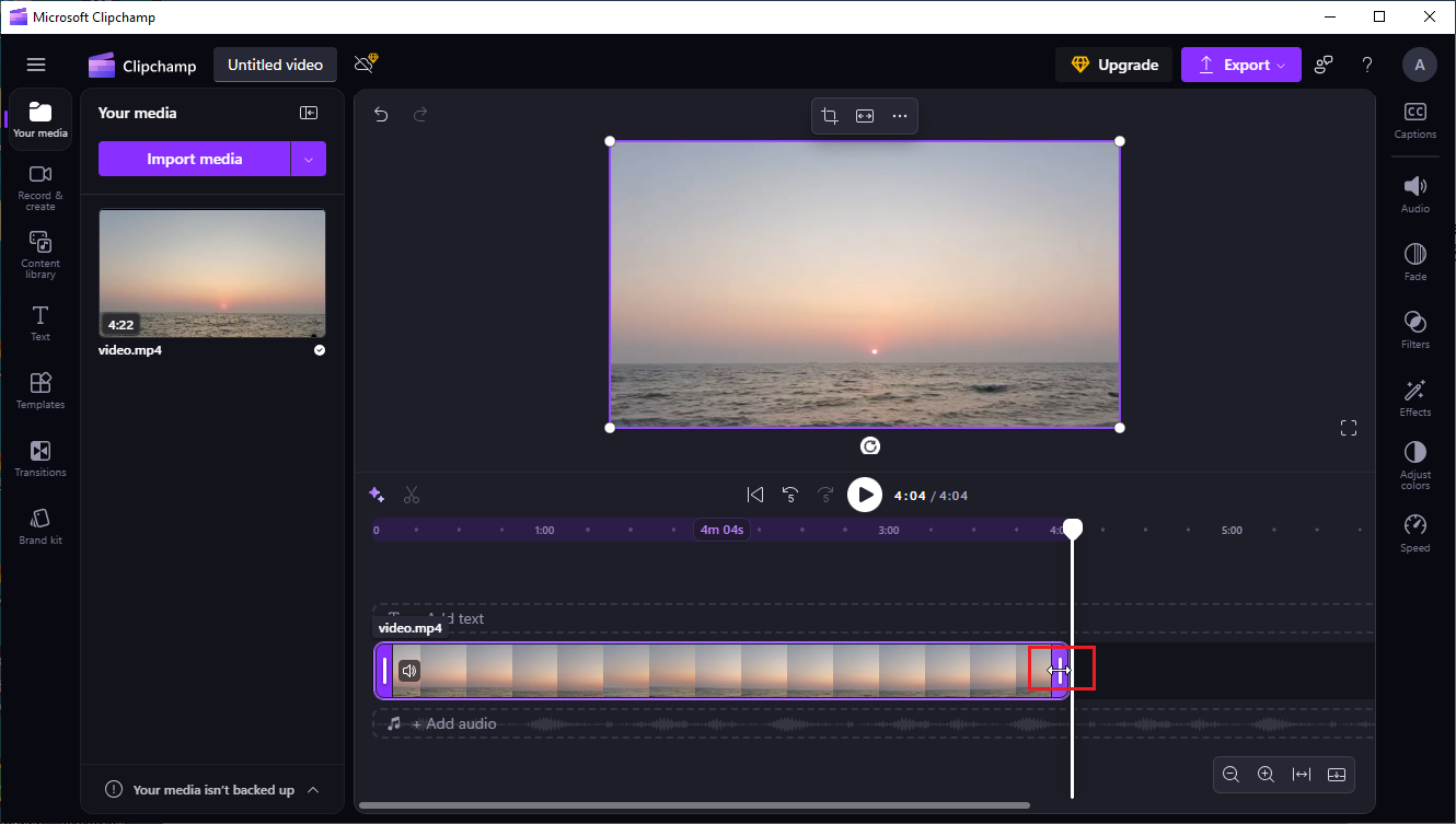 Move the arrow to the right to trim the video in Clipchamp