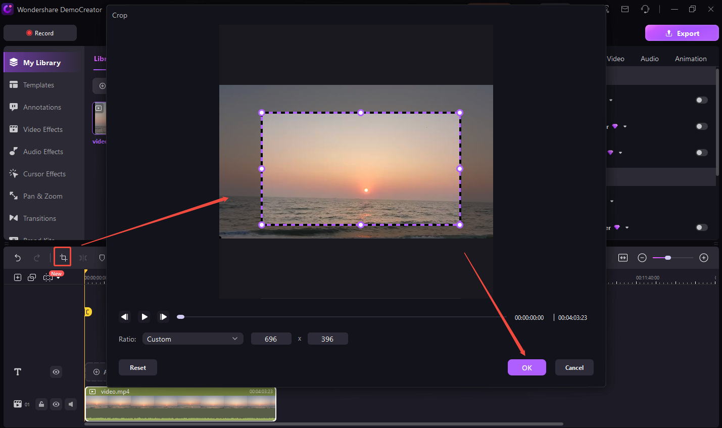Click the Crop button and change the cropping box size to crop your video