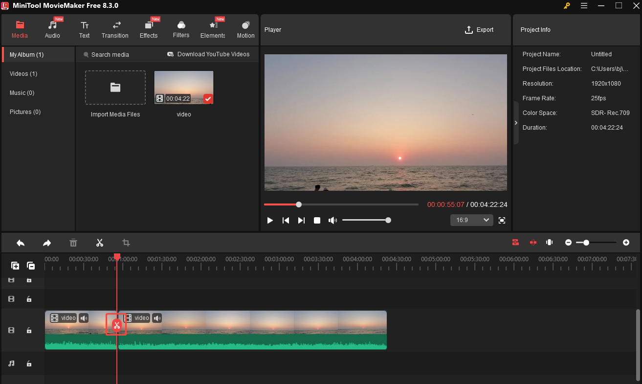 Use the scissors to cut the unwanted part of your video in MiniTool MovieMaker