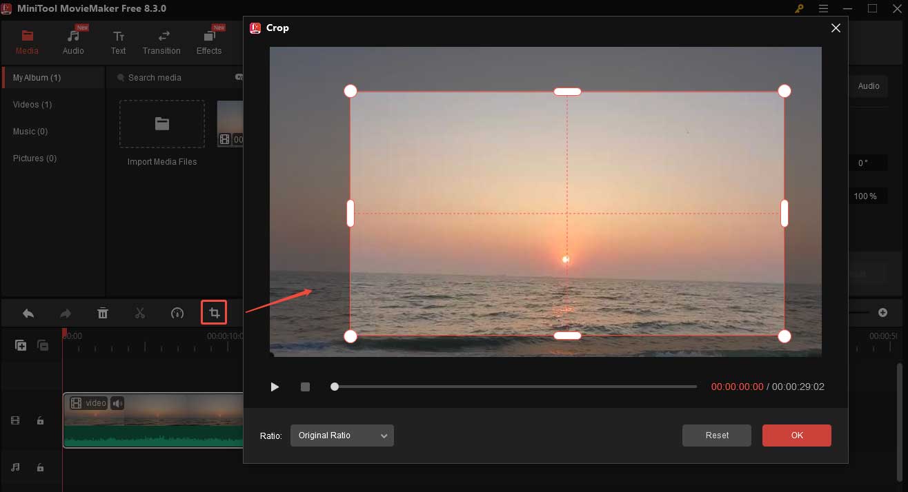 Click the crop icon to crop the video in MiniTool MovieMaker