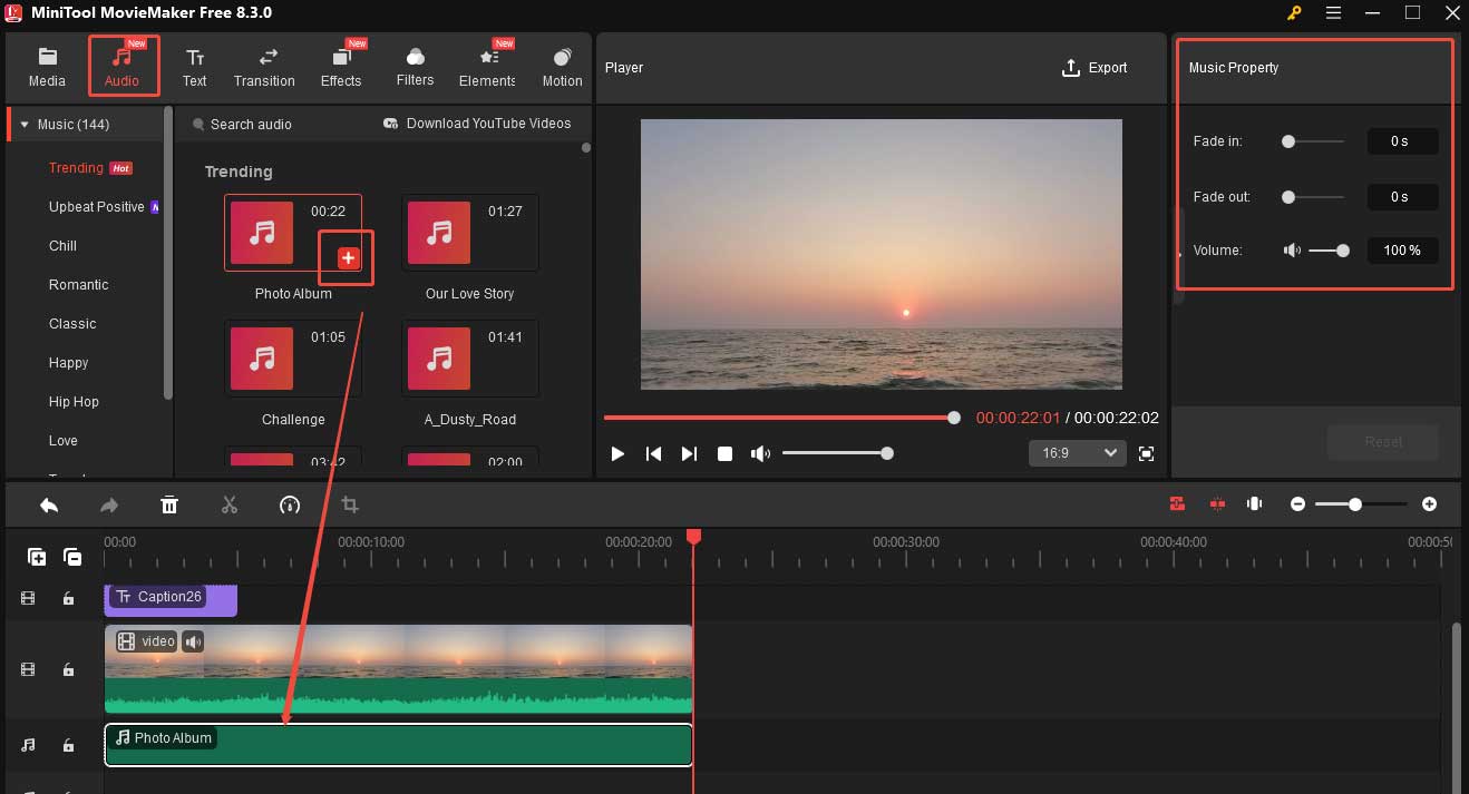 Add audio to the video and edit it in MiniTool MovieMaker