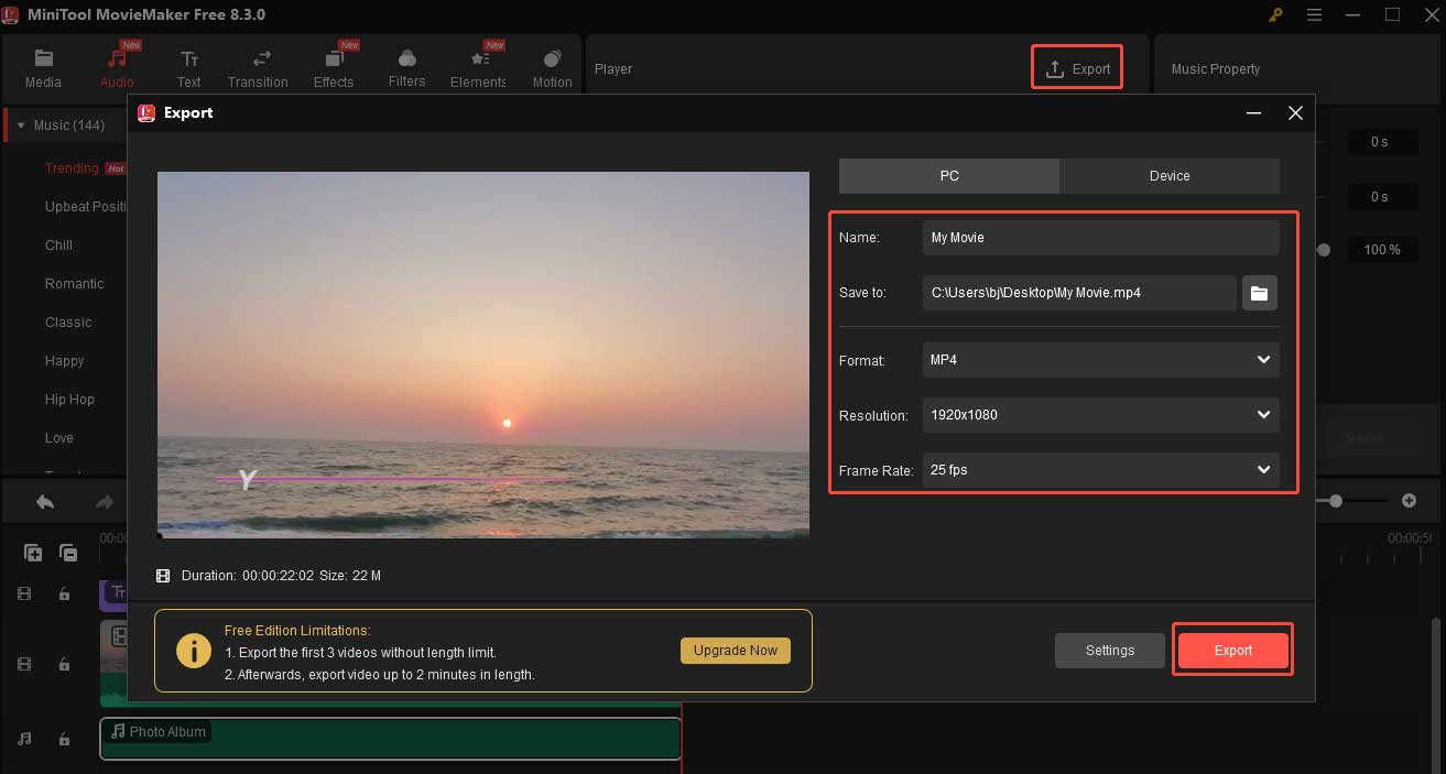 Click Export, customize the output settings, and click Export to save the video