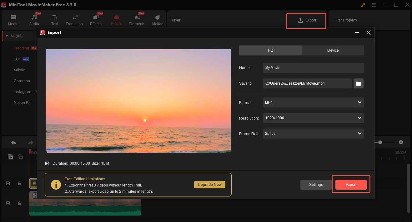 Click Export to save your video