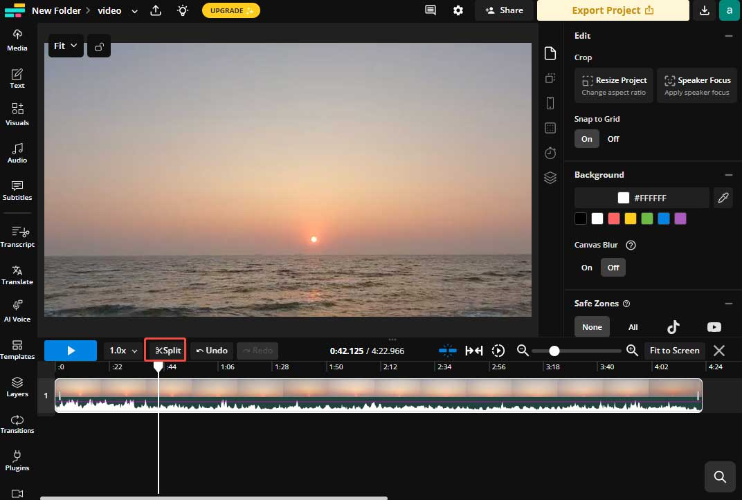 Click the Split icon on the timeline toolbar to split your video