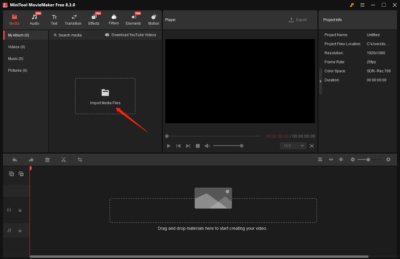MiniTool MovieMakerで「Import Media Files」と書かれた点線の枠内をクリックしてメディアファイルをインポート