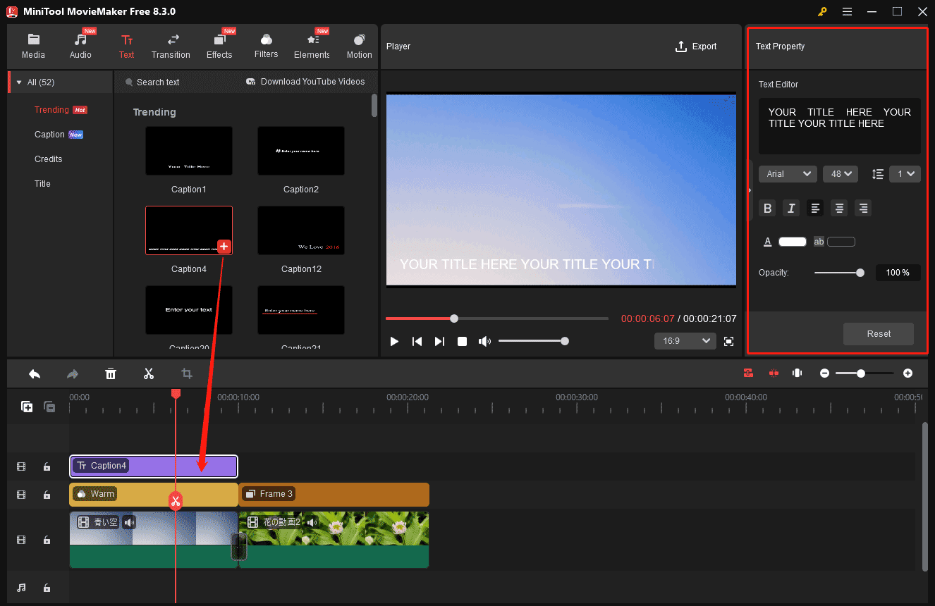MiniTool MovieMakerの「Text」タブをクリックしてOOTD動画にテキストを追加