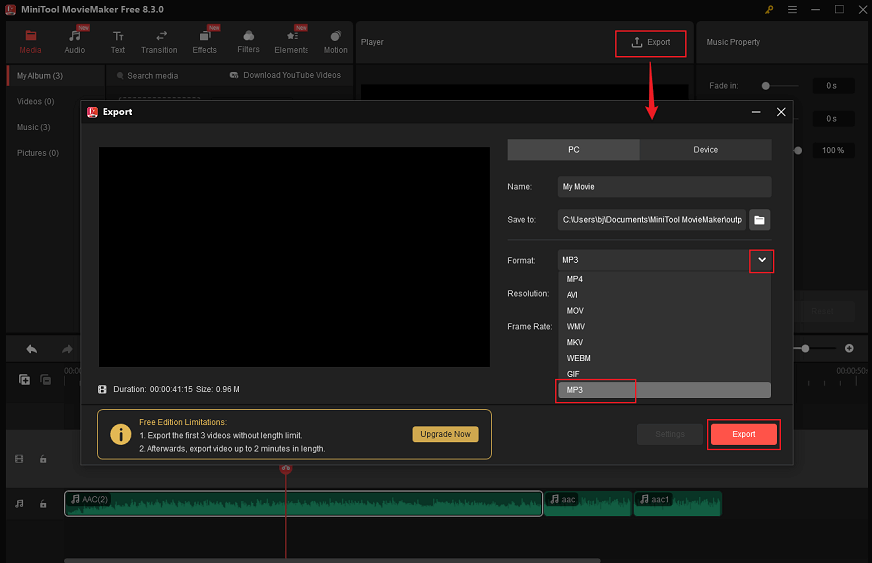Click the Export icon to access the Export window, choose MP3 as the output format, and click the Export button in MiniTool MovieMaker to export the merged AAC