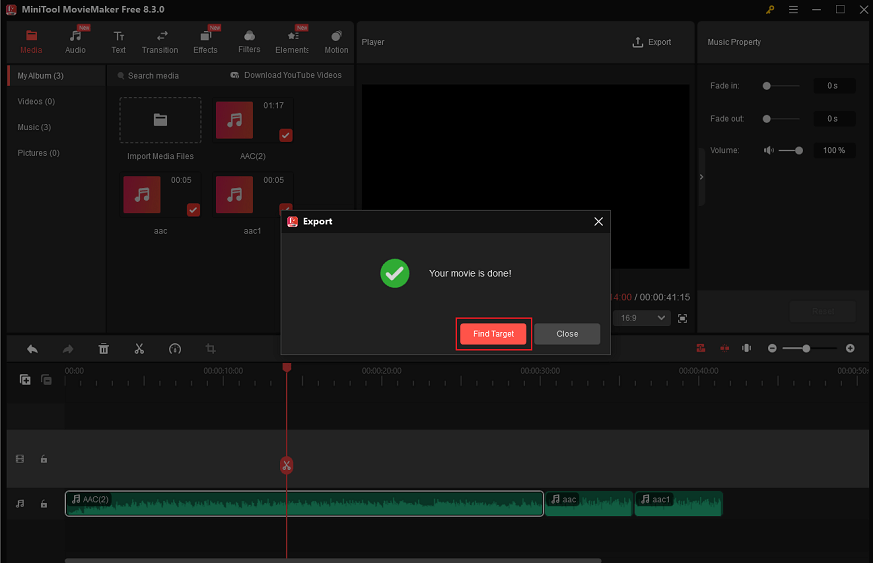 Click the Find Target button in MiniTool MovieMaker to locate the audio file