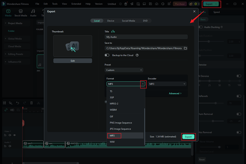 Click the green Export button at the top right and choose MP3 as the output format in Wondershare Filmora