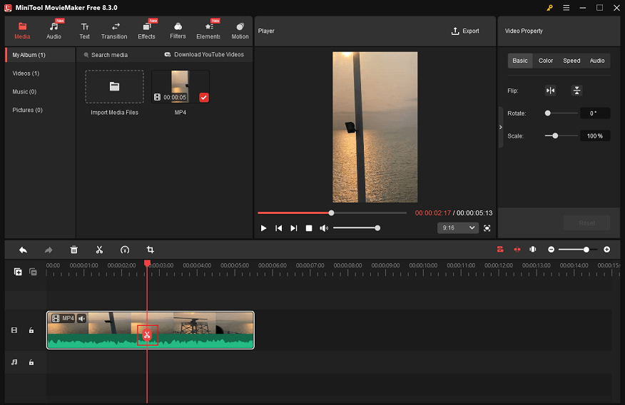 Drag the red playhead to the desired place and click the Scissors icon to cut the video in MiniTool MovieMaker