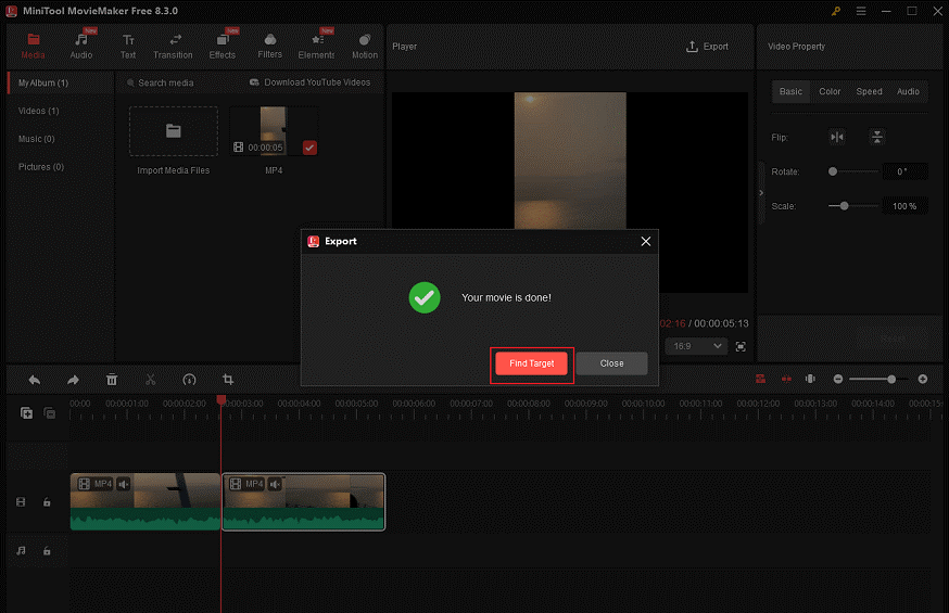 Click the Find Target button in MiniTool MovieMaker to locate the video