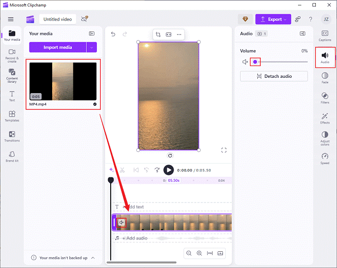Drag the added video to the timeline and click the Speaker icon on the video to mute the video or click the Audio button in the left menu and drag the purple dot icon to set the Volume to 0% in Clipchamp