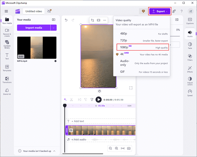Click on the Export button at the top right and select the desired resolution in Clipchamp