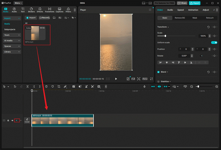 Drag and drop the imported video to the timeline and click on the Speaker icon on the left side of the video track to delete the audio in CapCut
