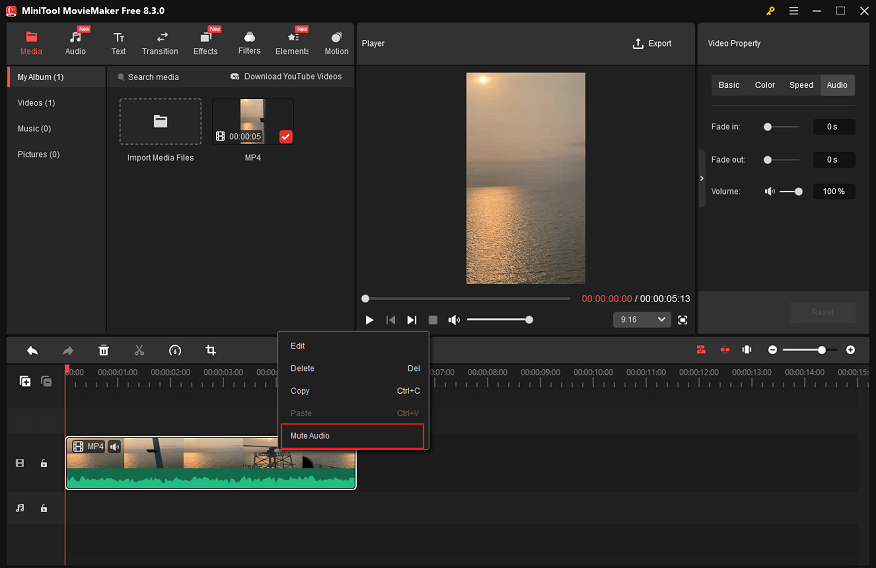Right-click the video on the timeline and choose Mute Audio in MiniTool MovieMaker