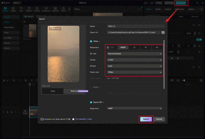 Click the Export icon at the top right to open the Export window, adjust the parameters, and click the Export button in CapCut to save the video