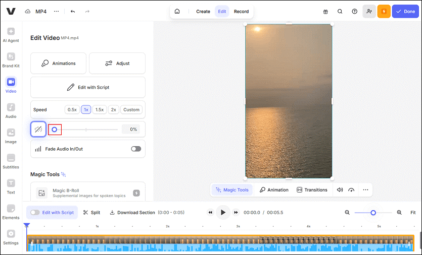 Drag the white dot icon in VEED.IO to set the volume to 0%