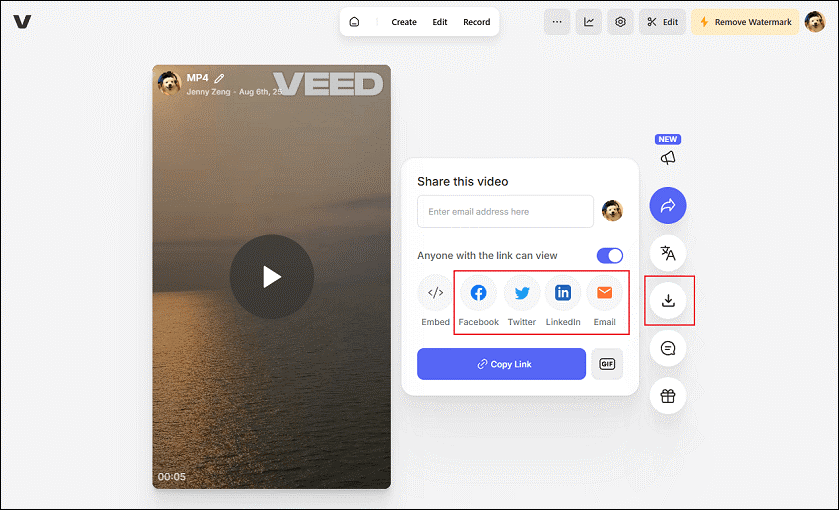 Click on the Download icon in VEED.IO to save the video on your computer