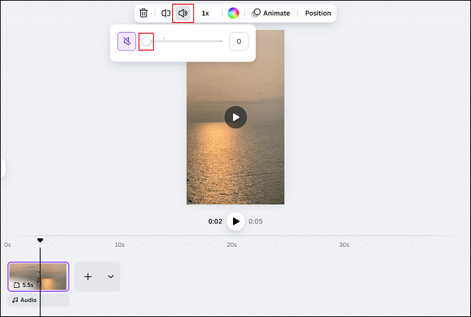 Click the Speaker icon on top and drag the white dot icon to set the volume to 0 in Canva