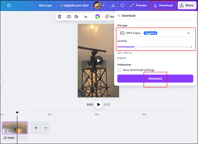 Click on the Download button at the top right, choose the desired file type and quality, and click on the Download option in Canva to save the video on the computer
