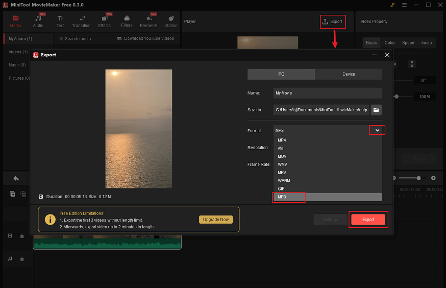 Click on the Export icon at the top right of the Player window to enter the Export window, choose MP3 from the Format menu, and click the Export button in MiniTool MovieMaker to export the audio