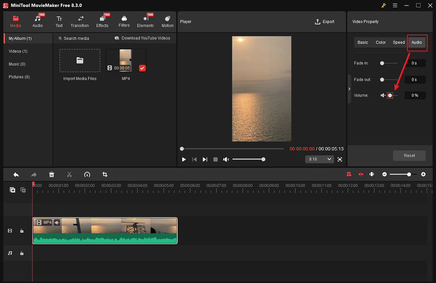 Choose the Audio tab in the Video Property section, then drag the Volume to 0% in MiniTool MovieMaker