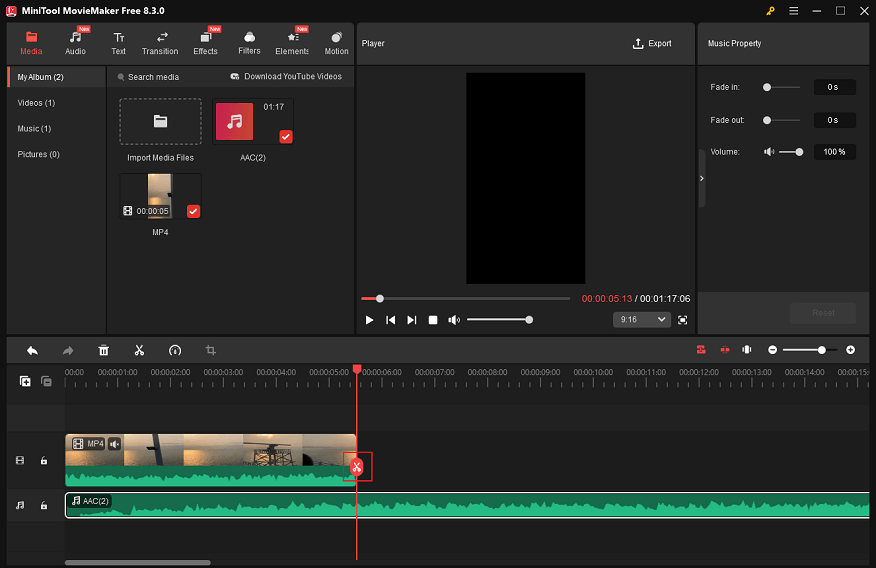 Drag the playhead to the end of the video, click the audio on the track, and click the Scissors icon to split the audio in MiniTool MovieMaker