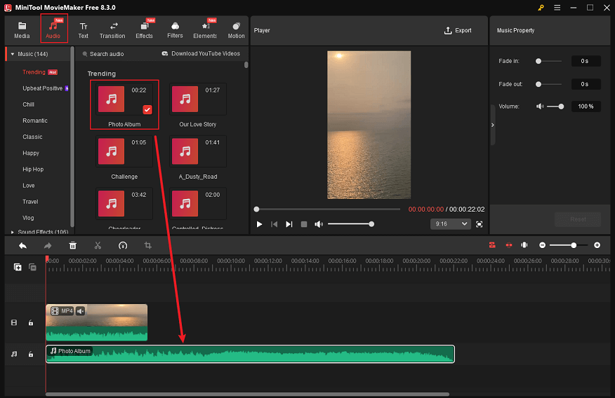 Go to the Audio section, select the audio you want, and drag it to the audio track in MiniTool MovieMaker