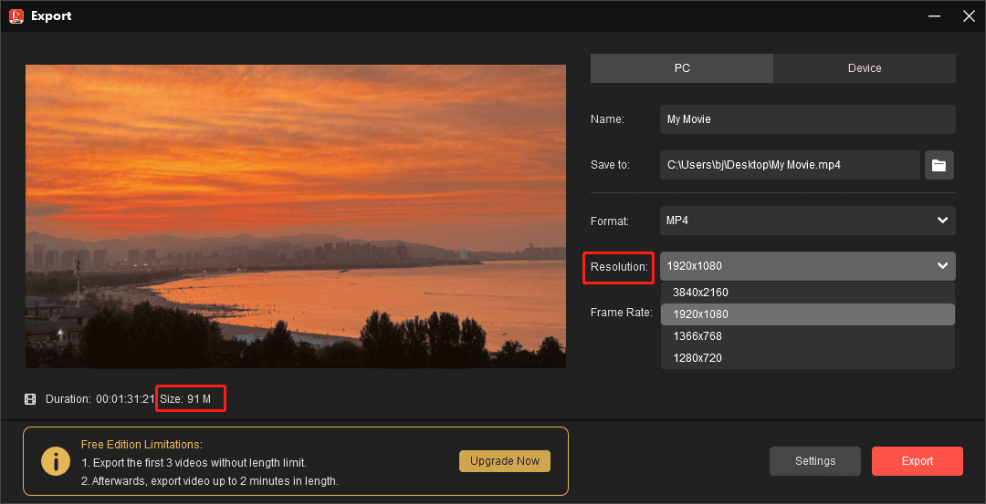 Change the video resolution in MiniTool MovieMaker