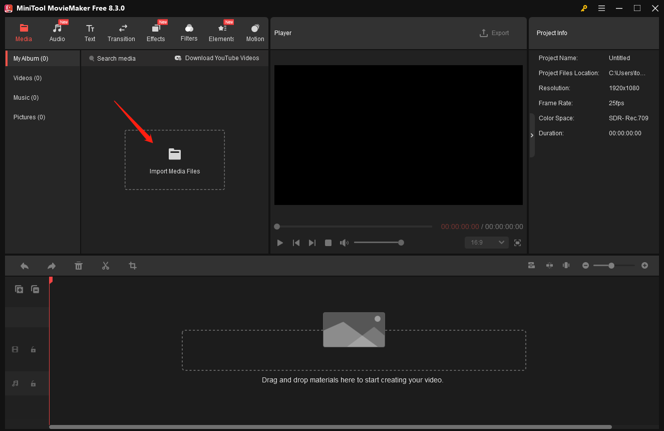 「Import Media Files」をクリックし、M4A音声ファイルをMiniTool MovieMakerにインポート