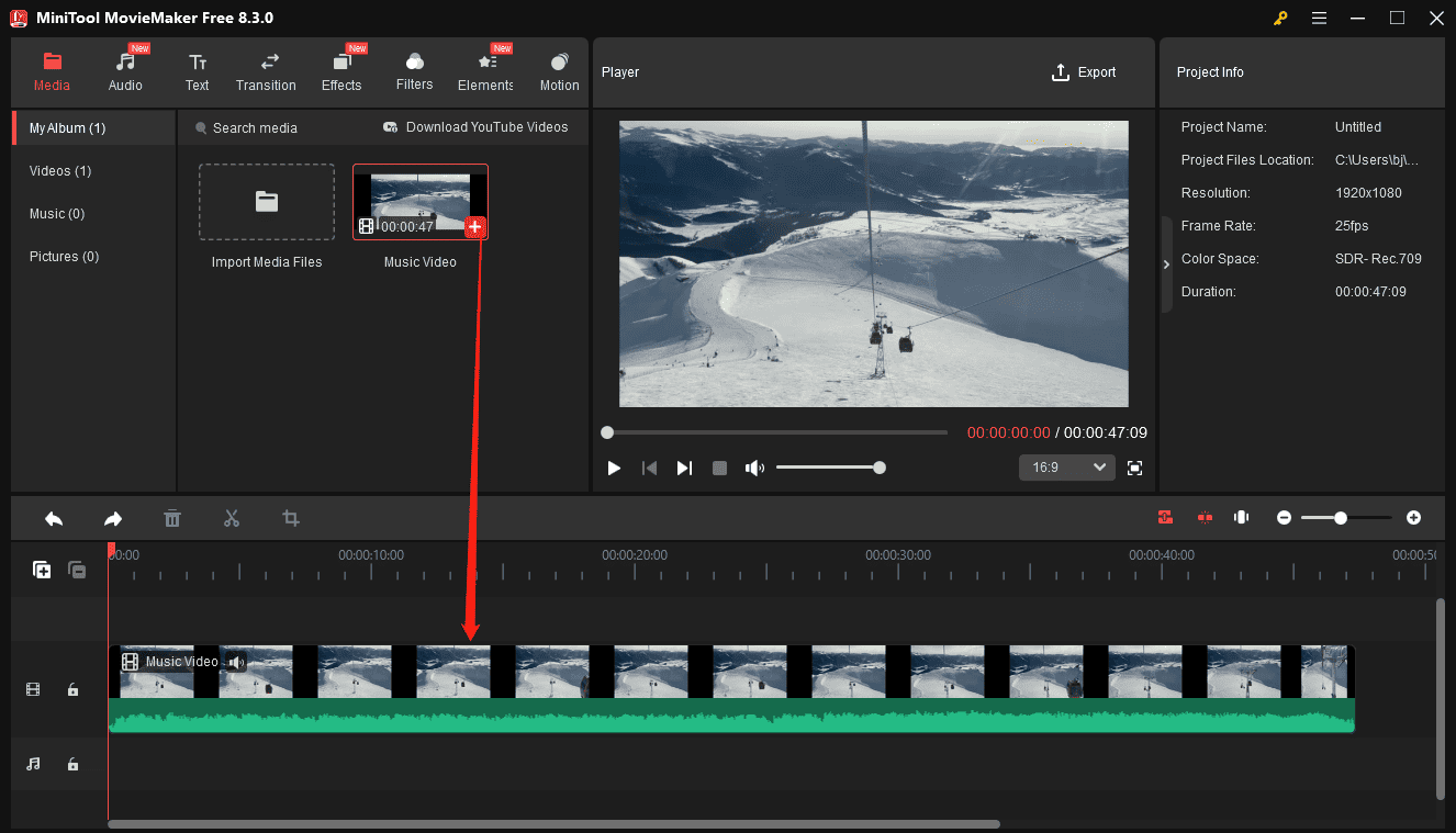 Click the + icon to add the video to the timeline in MiniTool MovieMaker