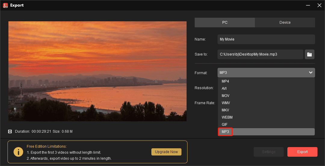 Set Format to MP3 to extract the ringtone from your screen recording