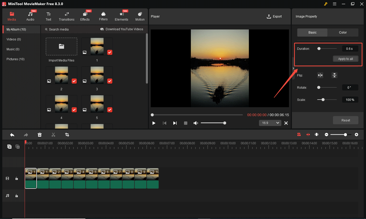 MiniTool MovieMakerで写真の持続時間を調整する