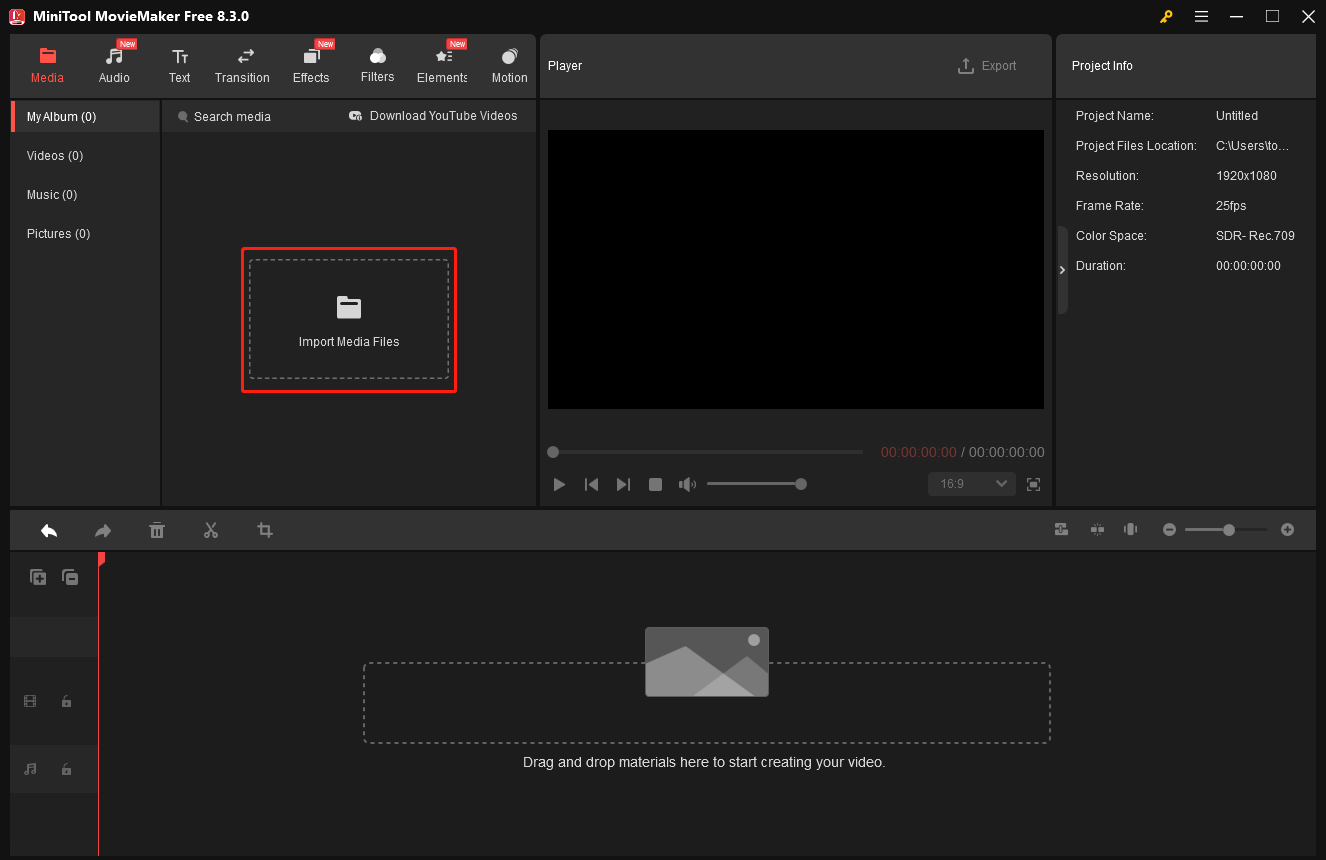 「Import Media Files」ボタンをクリックし、結合したい3GPファイルを選択してMiniTool MovieMakerに追加
