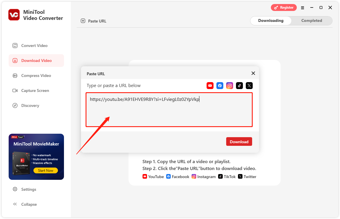 Einfügen der YouTube Video-URL in MiniTool Video Converter