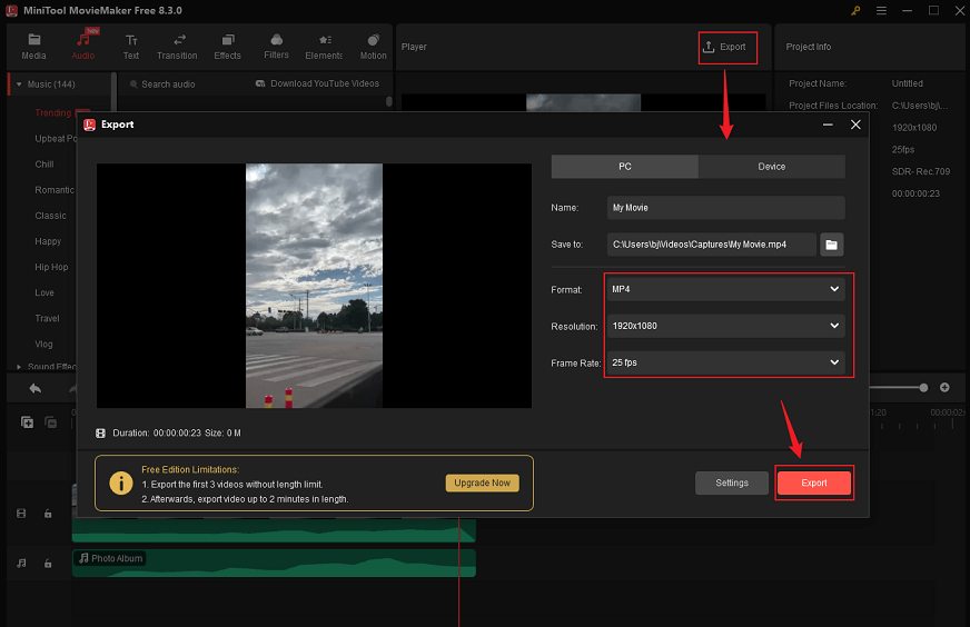 Enter the Export window, configure the output parameters, and click on the Export button in MiniTool MovieMaker to export the video