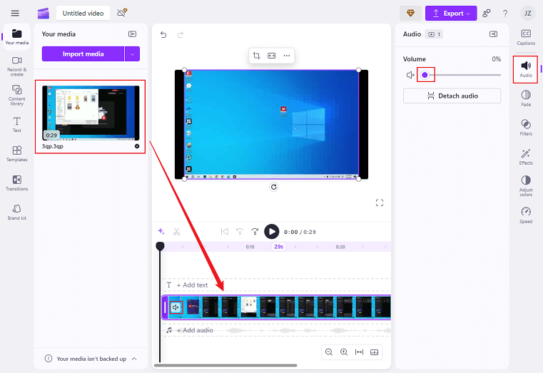 Drag the added video to the timeline and click the Speaker icon on the video to mute it, or click the Audio button in the right menu and drag the Volume slider to 0% in Clipchamp