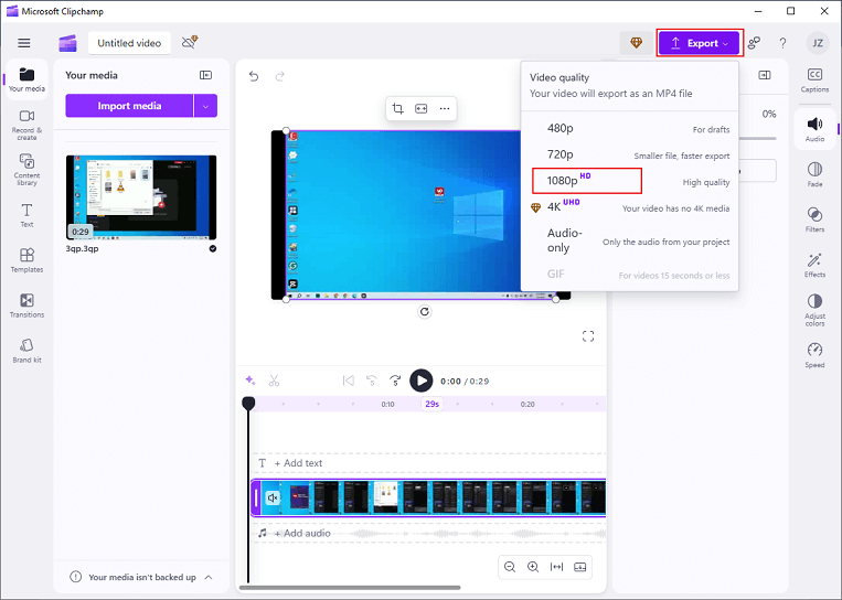 Click on the Export button at the top right and select the desired resolution in Clipchamp